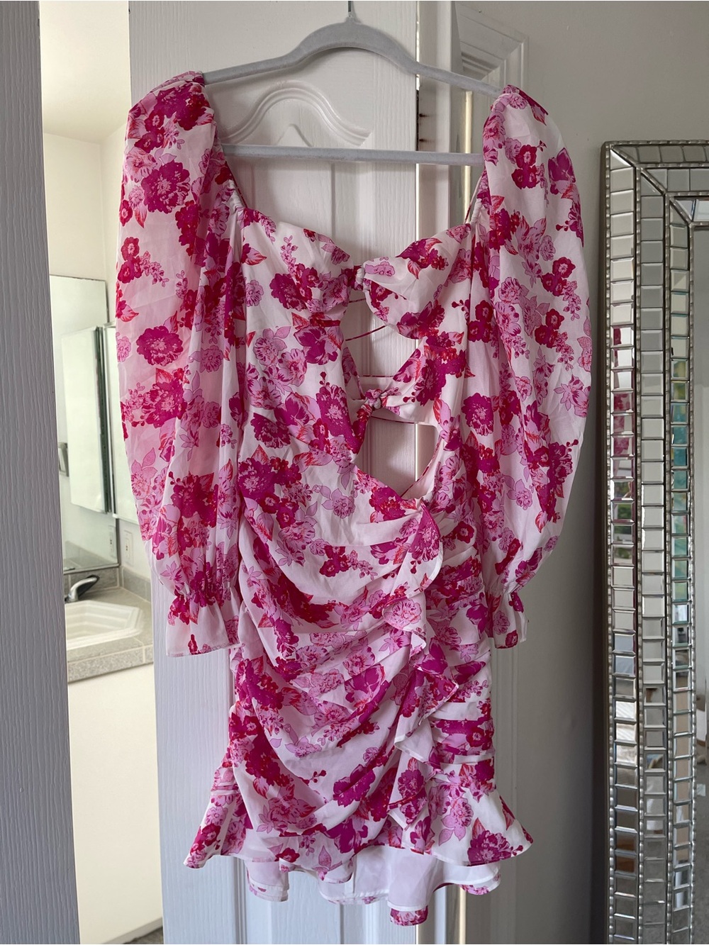 For Love & Lemons Floral Pink and White Ruched Mini Dress